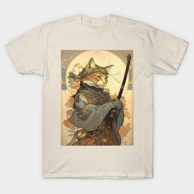 Art Nouveau Traditional Japanese Cat Samurai Knight T-Shirt by entwithanaxe